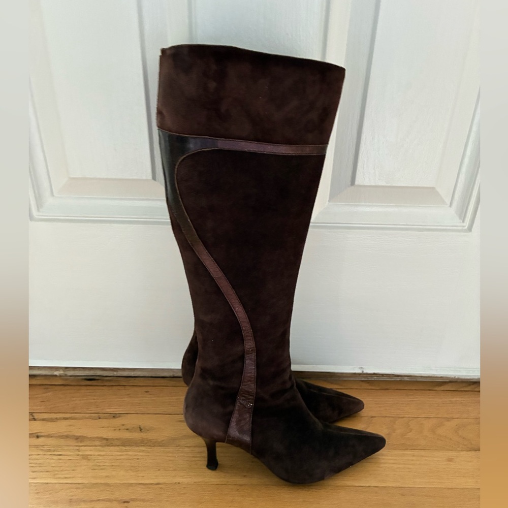 Women’s Genuine Suede Knee High Chocolate Dark Brown Heeled Boots - Picture 3 of 12